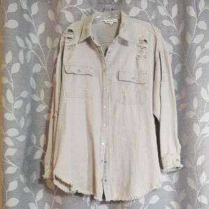 Heyday Beige Distressed Cotton Snap Shirt size L